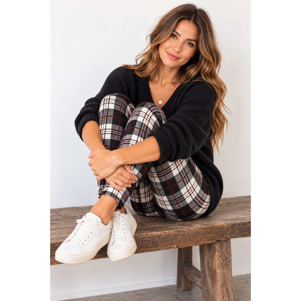Emery Rose Plaid Leggings Black White Red Tartan Slim Fit Pants Size Medium. NWT